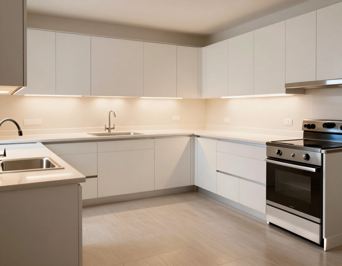 Modern white kitchen with stainless steel stove, sink, and under-cabinet lighting