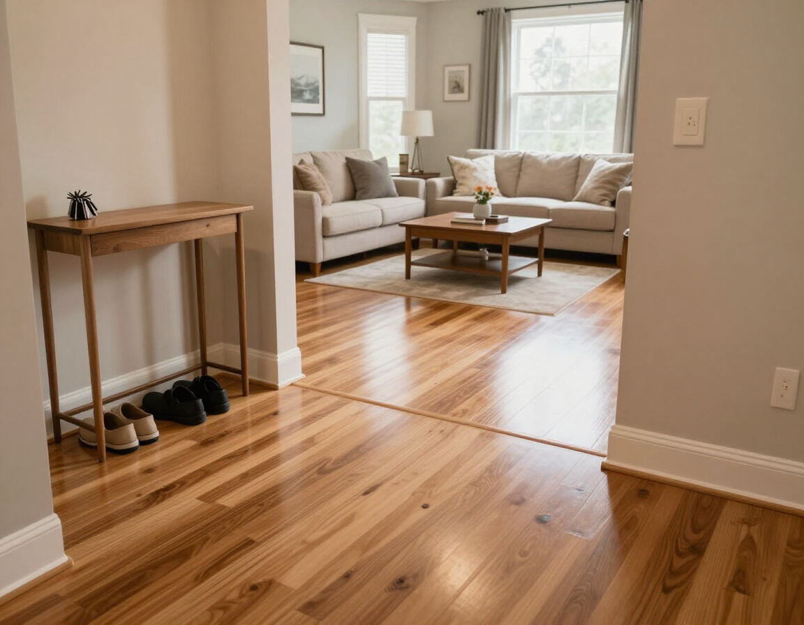 Bright hardwood entryway opening to a beige living room with sofas, coffee table, and a window