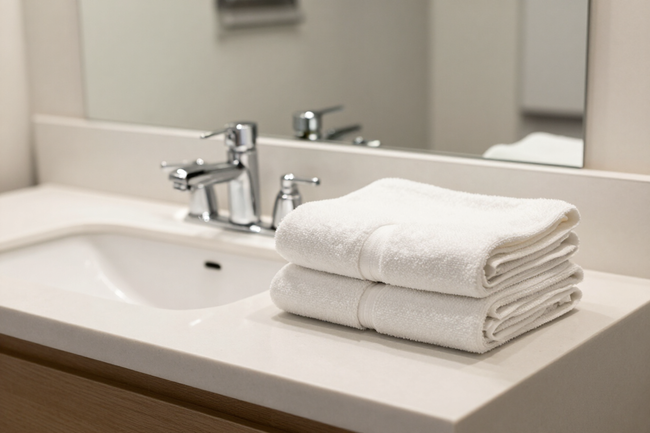 A freshly cleaned residential bathroom with organized surfaces