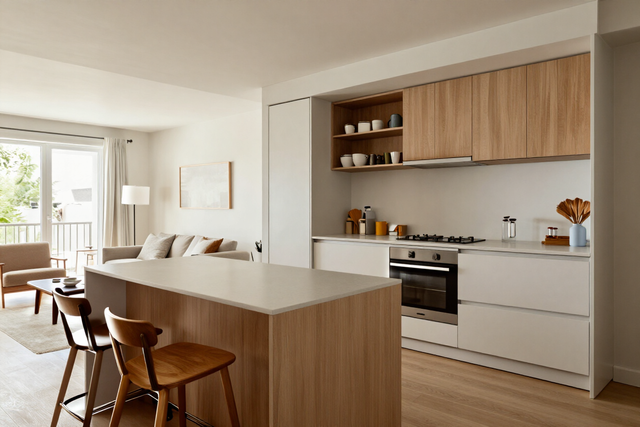 Modern kitchen with wood cabinetry, white island, dining chairs, and a bright living area beyond.