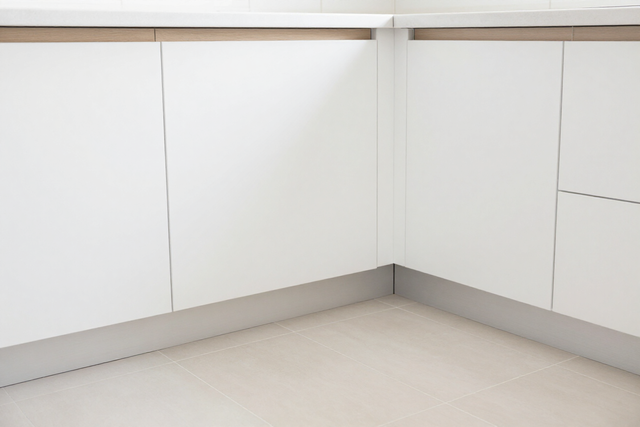 Empty white room corner with gray baseboards and a light wood shelf along the wall