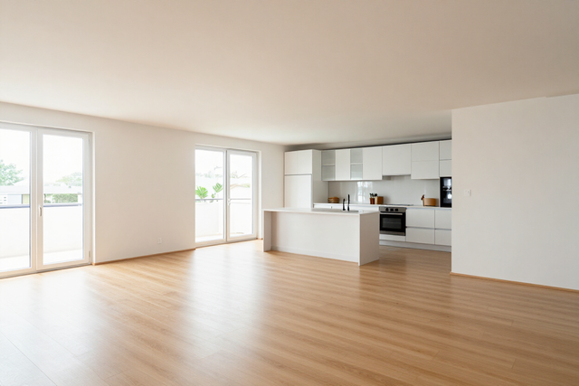 Bright empty apartment with wood floors, white walls, large windows, and a small white kitchen
