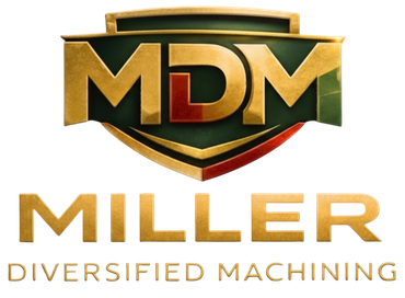 Logo for Miller Diversified Machining Inc.; Black letters MDM with green D and a green line under, black text below.