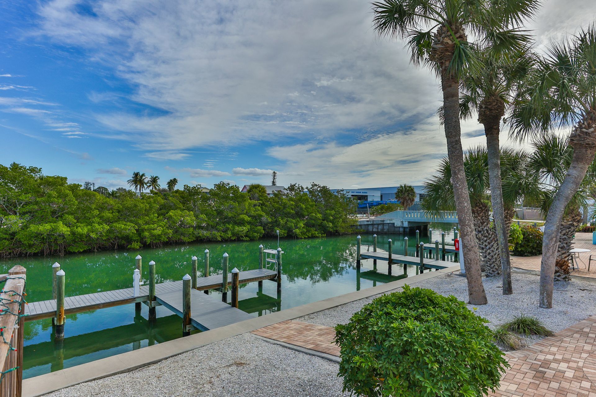 Waterfront view with docks, green water, lush trees, palm trees, and blue sky.