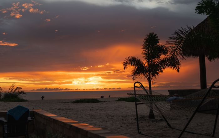 Sunset over a sandy beach with palm trees and lounge chairs, orange clouds reflecting on the water