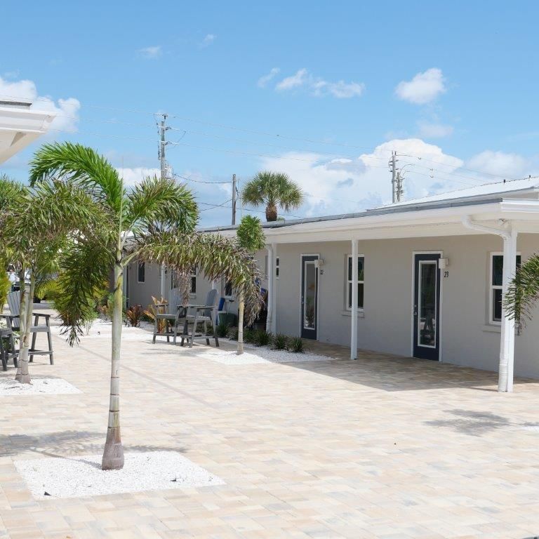 Sunny courtyard with white buildings, palm trees, and a paved patio under a blue sky