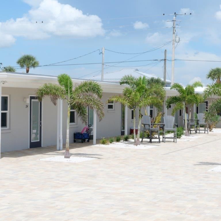 Bright courtyard with palm trees and modern white buildings under a blue sky