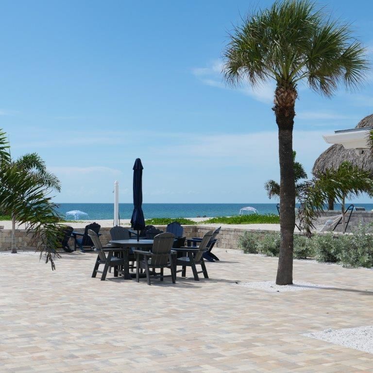 Beachfront patio with tables, chairs, and palm trees overlooking the ocean under a clear blue sky