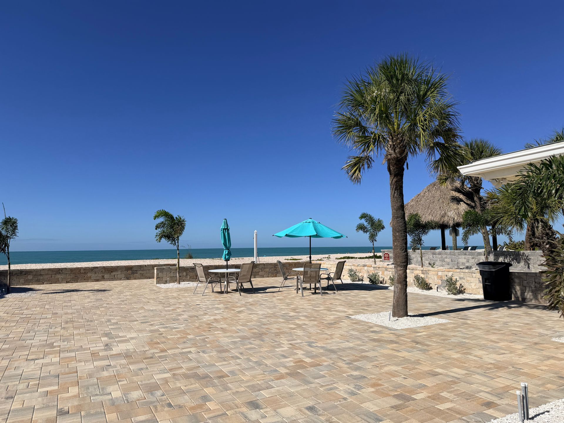 Beachfront patio with tables, turquoise umbrellas, palm trees, and clear blue sky.