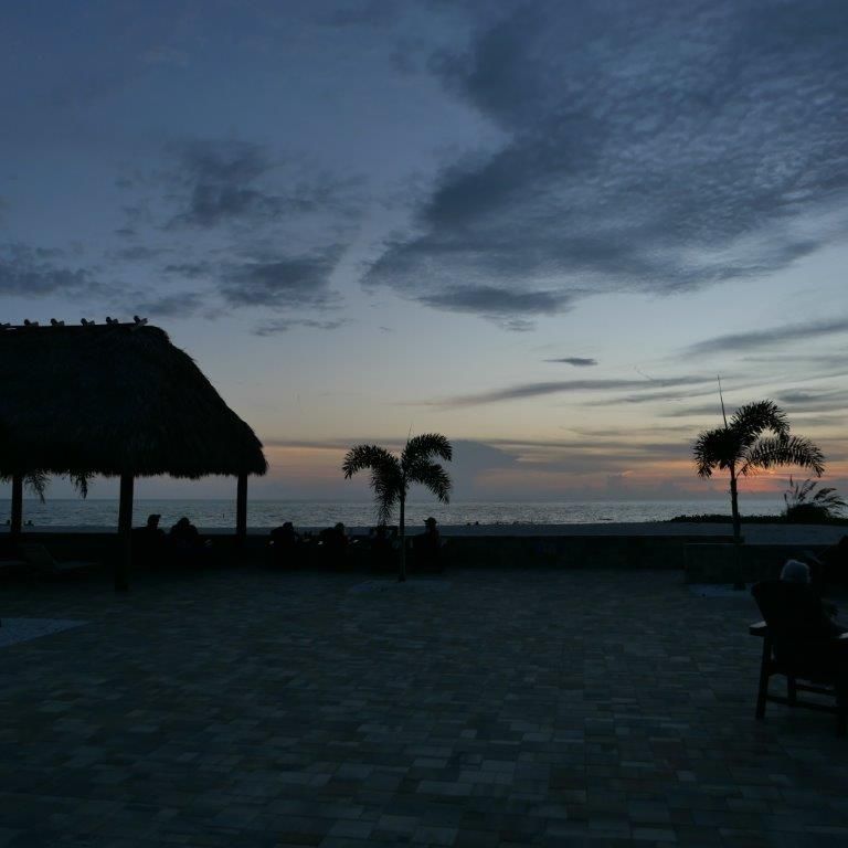 Silhouetted beach hut and palm trees at dusk beside a calm ocean under a cloudy sky