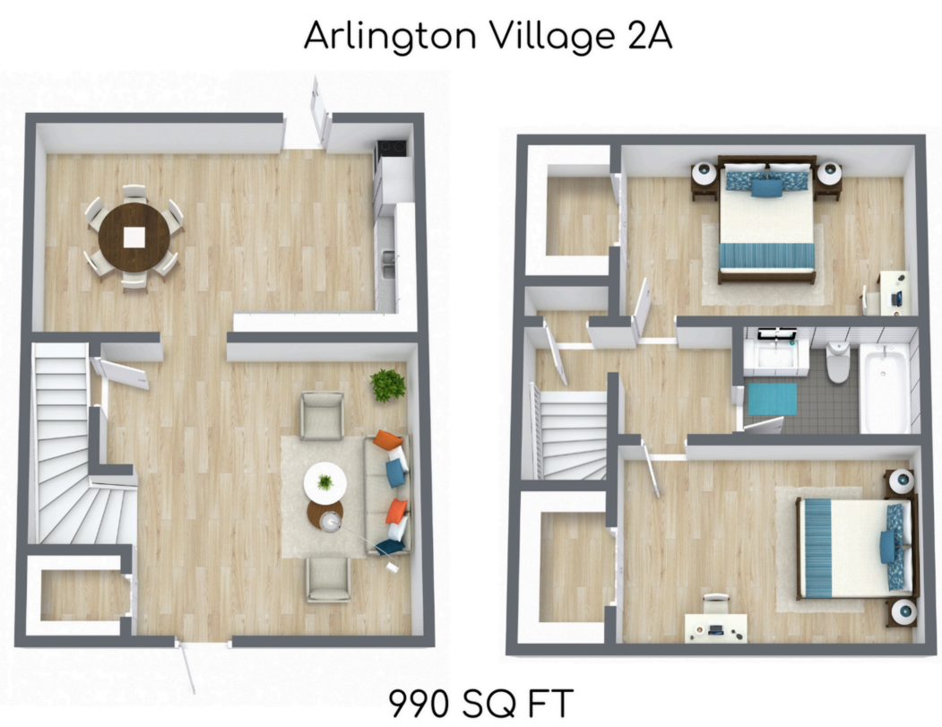 Two side-by-side apartment floor plans labeled Arlington Village 2A, 990 sq ft.