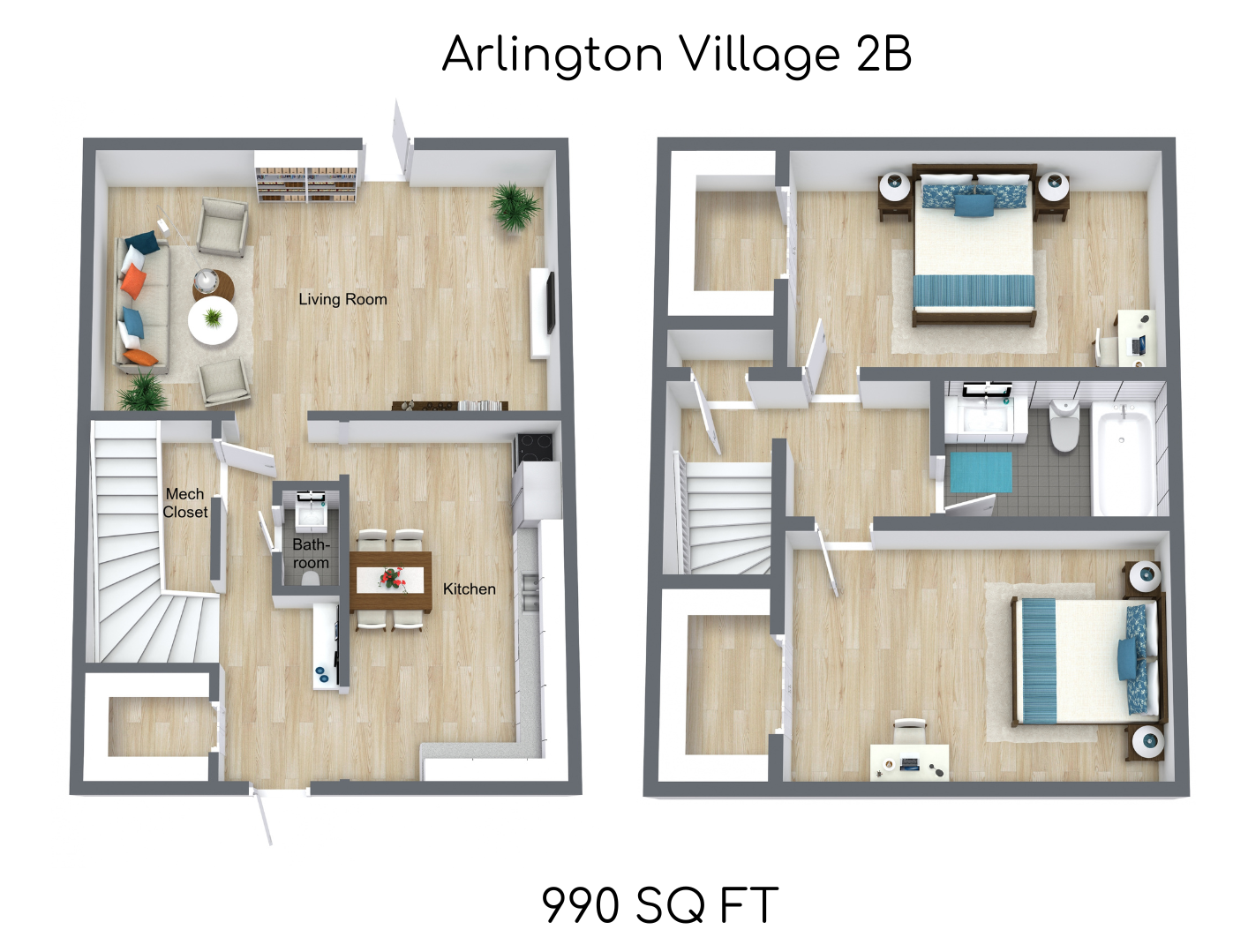 Floor plan of Arlington Village 2B, a 990 sq ft two-bedroom apartment layout.
