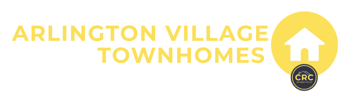 Arlington Village Townhomes logo in yellow with a house icon and CRC emblem