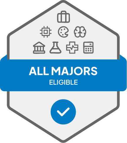 Badge with blue banner: 