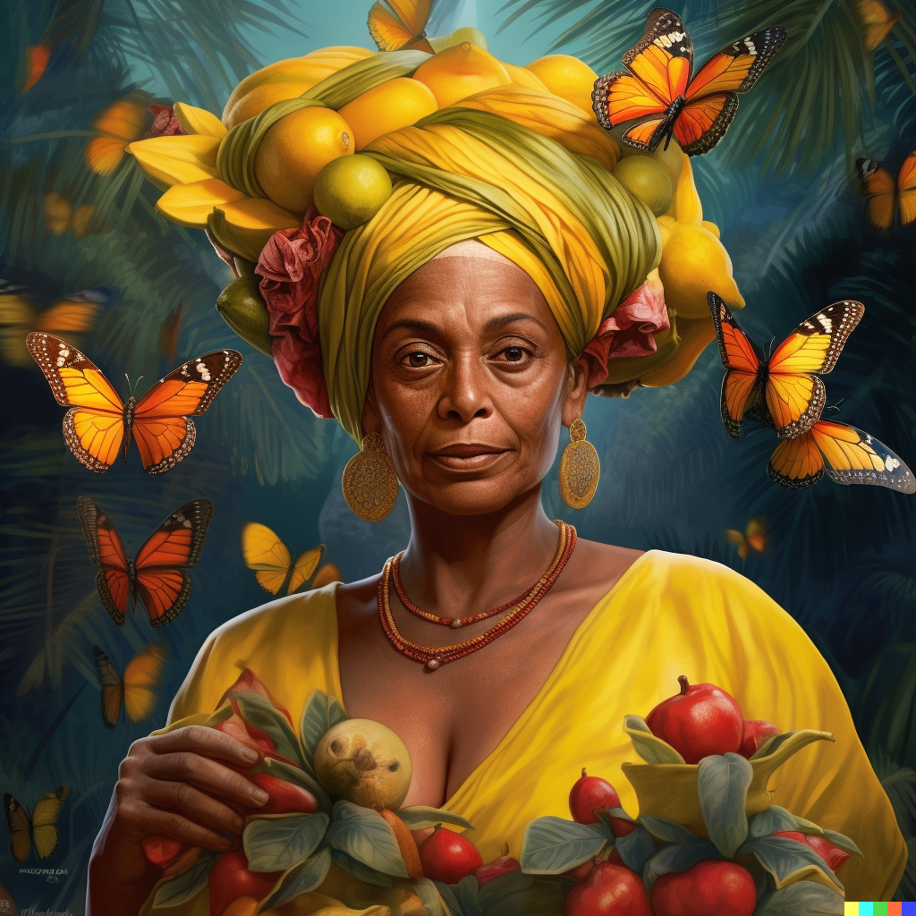 Mujer con turbante amarillo y fruta, rodeada de mariposas sobre un fondo oscuro de hojas.