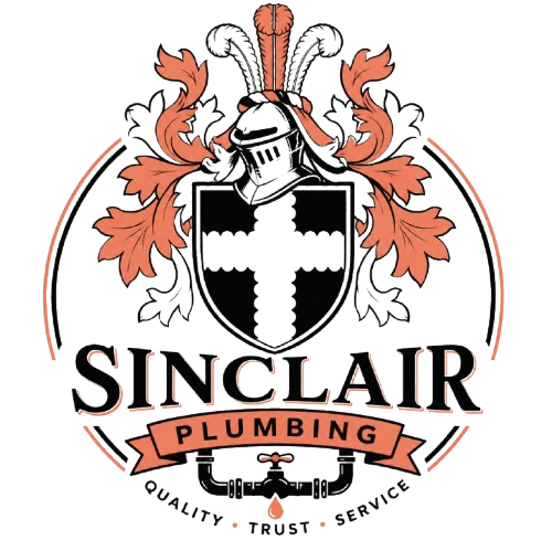 Sinclair Plumbing logo with knight crest, orange leaves, and black-and-white shield