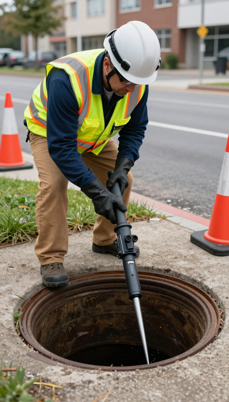 Worker in safety vest using a tool to clear a manhole on a roadside