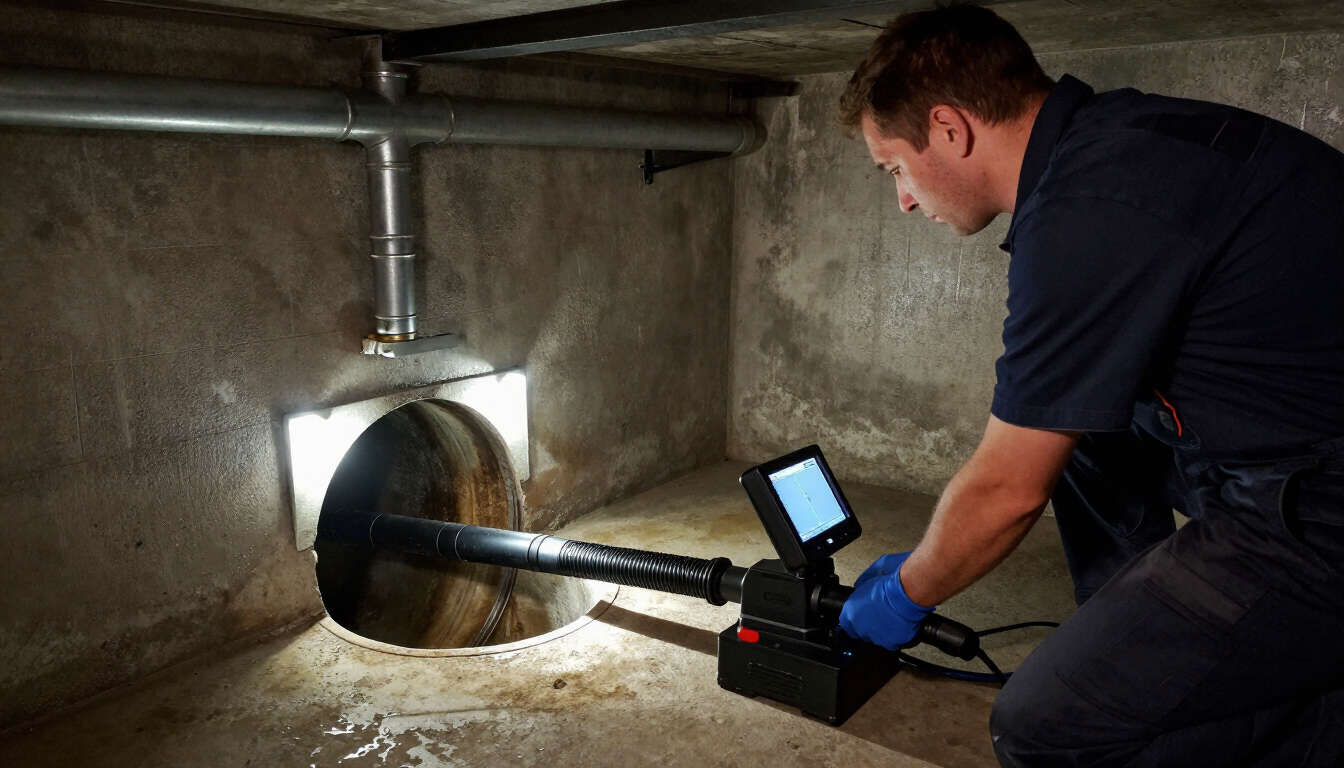Worker inspecting a large pipe with a handheld camera in a concrete tunnel