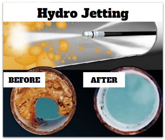 A picture of a pipe before and after hydro jetting