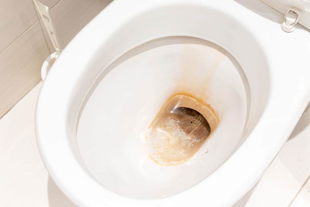 A close up of a dirty toilet in a bathroom.