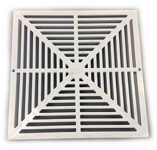 A white square drain cover with black stripes on a white background.