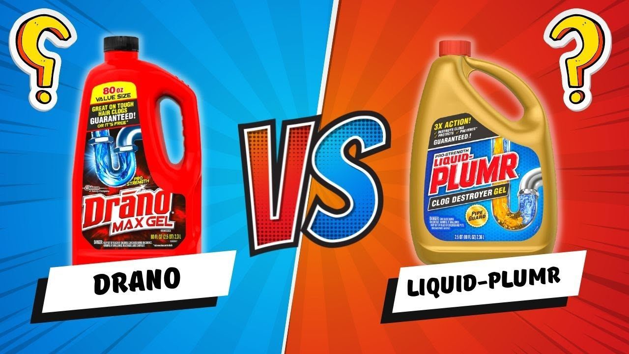 Two bottles of drano and liquid plumr are sitting next to each other on a blue and orange background.