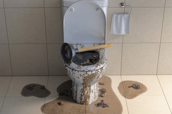 A toilet with a plunger sticking out of it in a bathroom.