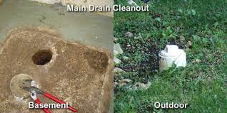 A picture of a basement drain and an outdoor drain.