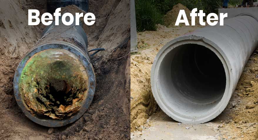 A before and after picture of a dirty pipe and a clean pipe.