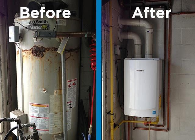 A before and after picture of a water heater