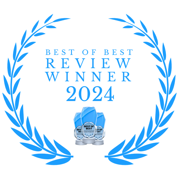 Blue laurel award badge reading “Best of Best Review Winner 2024” with a trophy icon