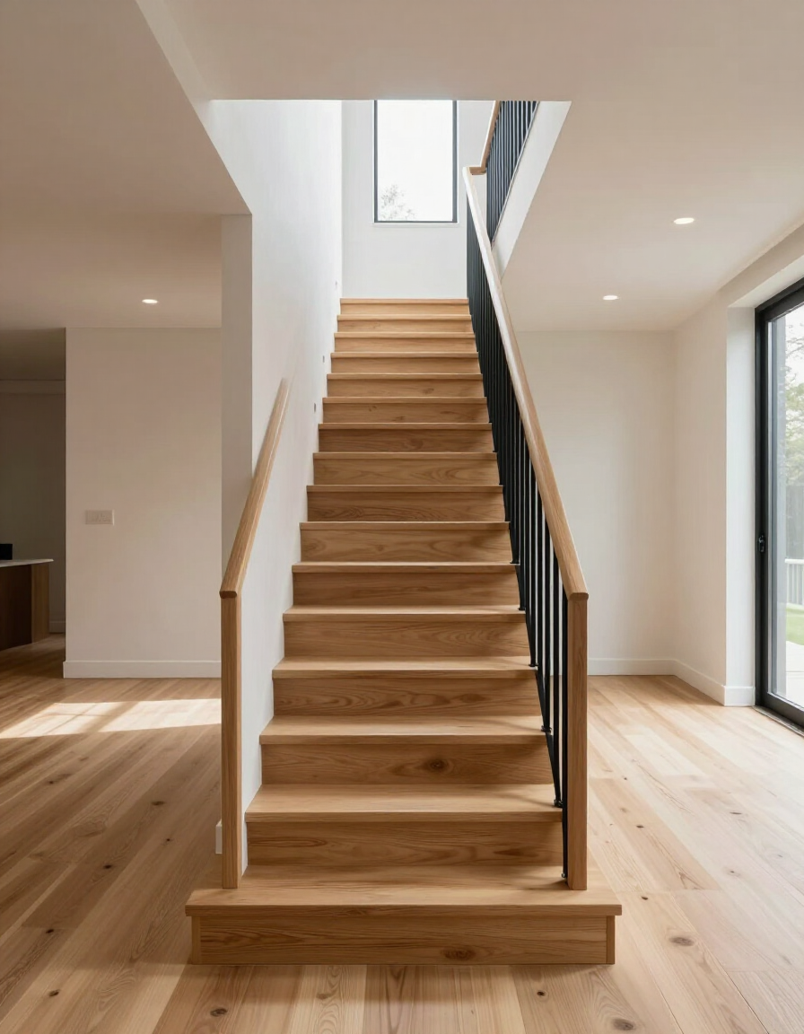 Staircase with dark wood steps, white walls, and white banisters in a hallway
