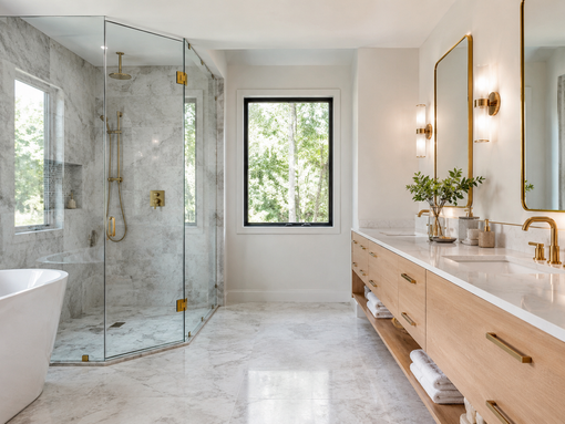 Finished bathroom remodel with tile and glass shower