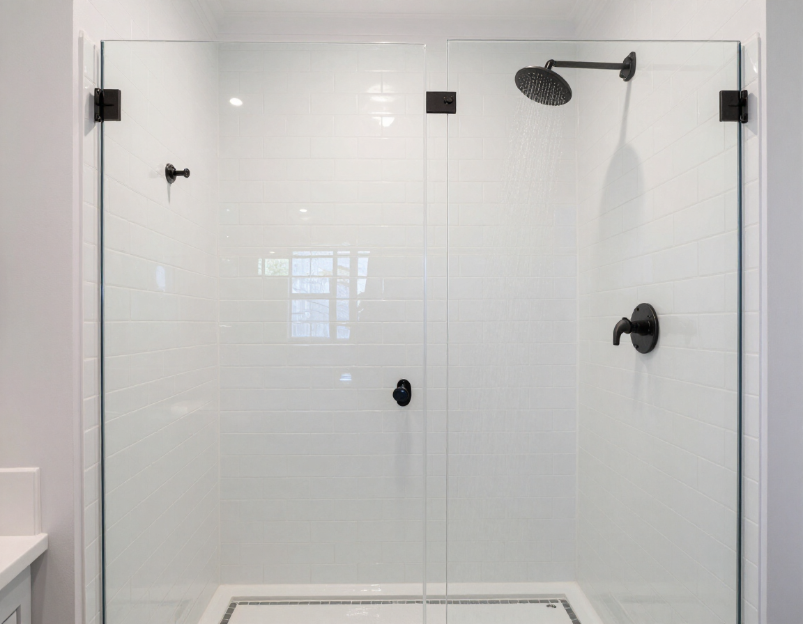 Walk-in tile shower with frameless glass door and matte black rain head
