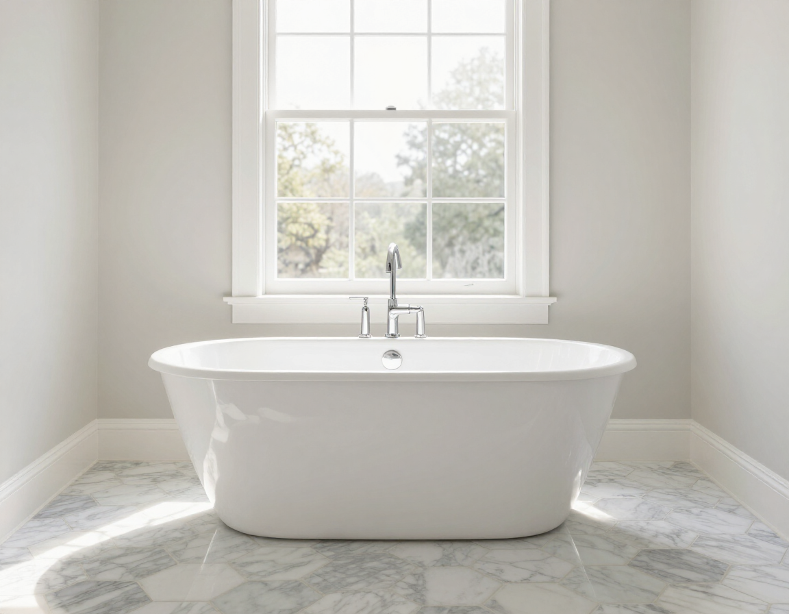 Freestanding soaking tub under window with hexagonal marble floor tile