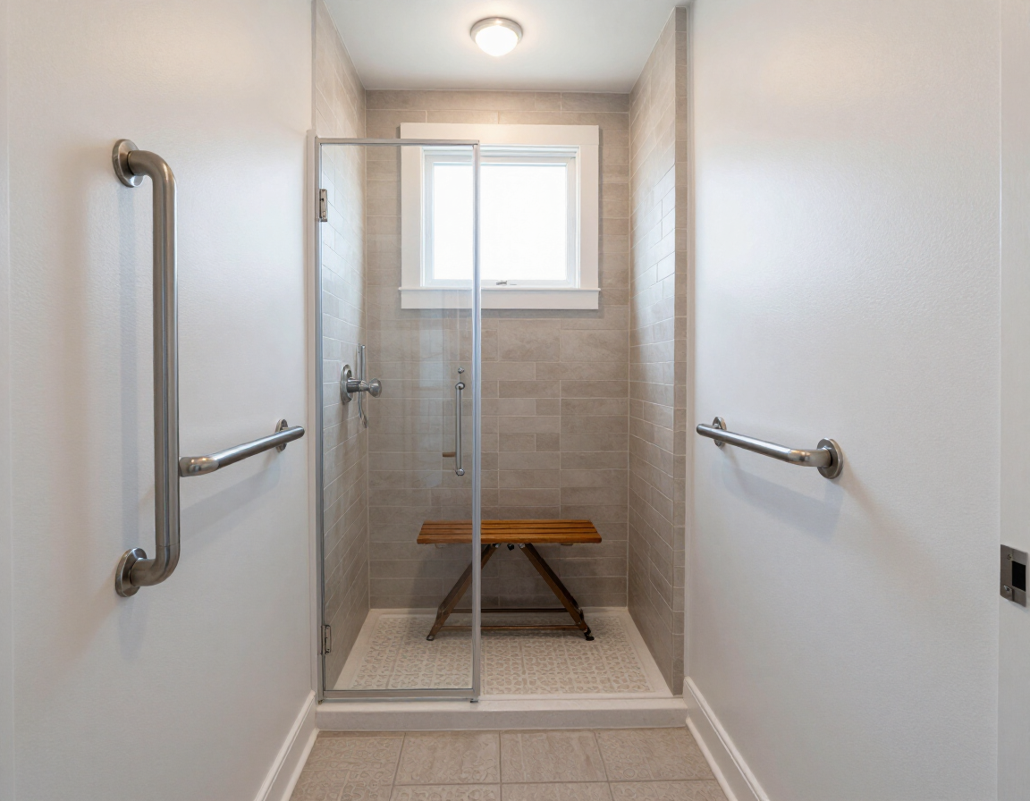 Accessible roll-in shower with fold-down bench and grab bars