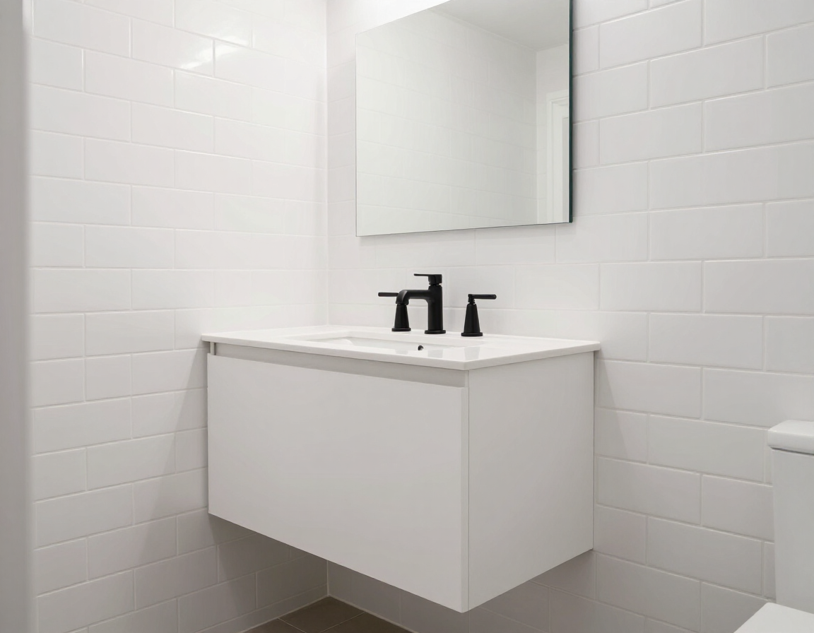 Same bathroom after remodel with white subway tile, floating vanity and matte black hardware