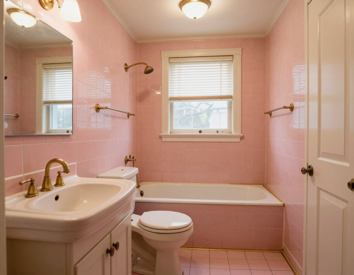 Small bathroom before remodel showing dated pink tile and harvest gold fixtures