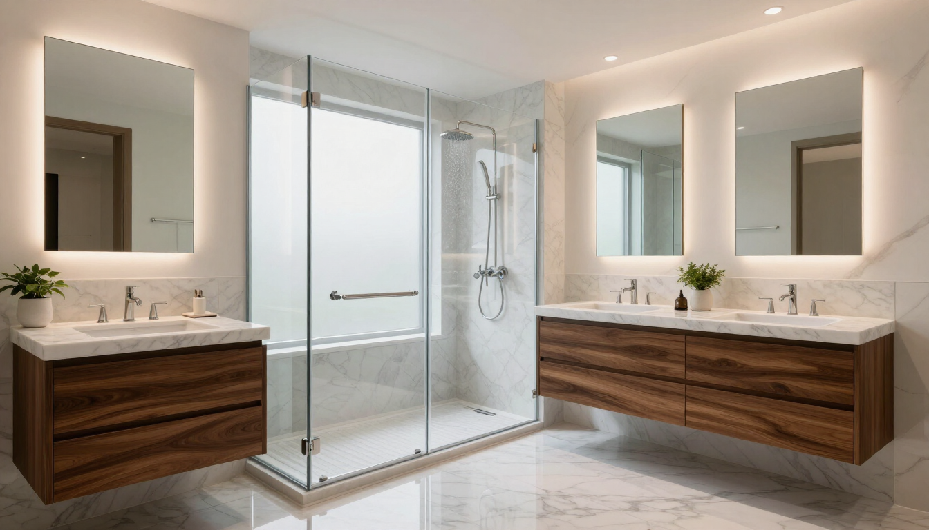 A beautifully remodeled modern bathroom with a glass shower and vanity