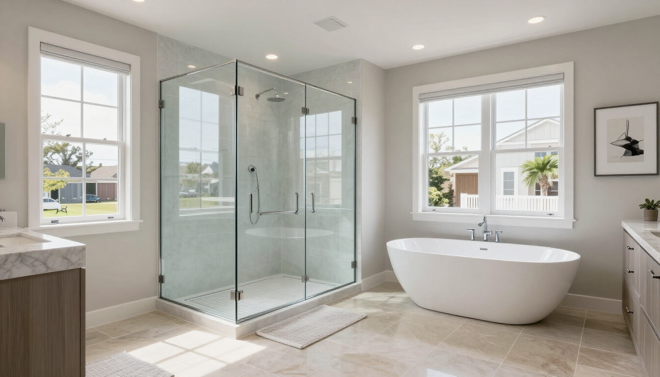 A modern master bathroom featuring both a glass walk-in shower and a soaking tub.