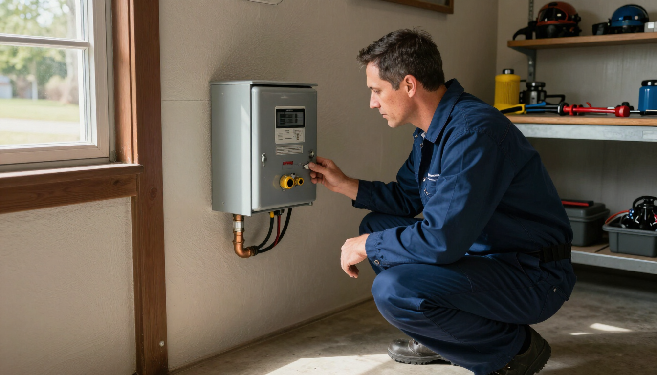 Plumber inspecting well system control box