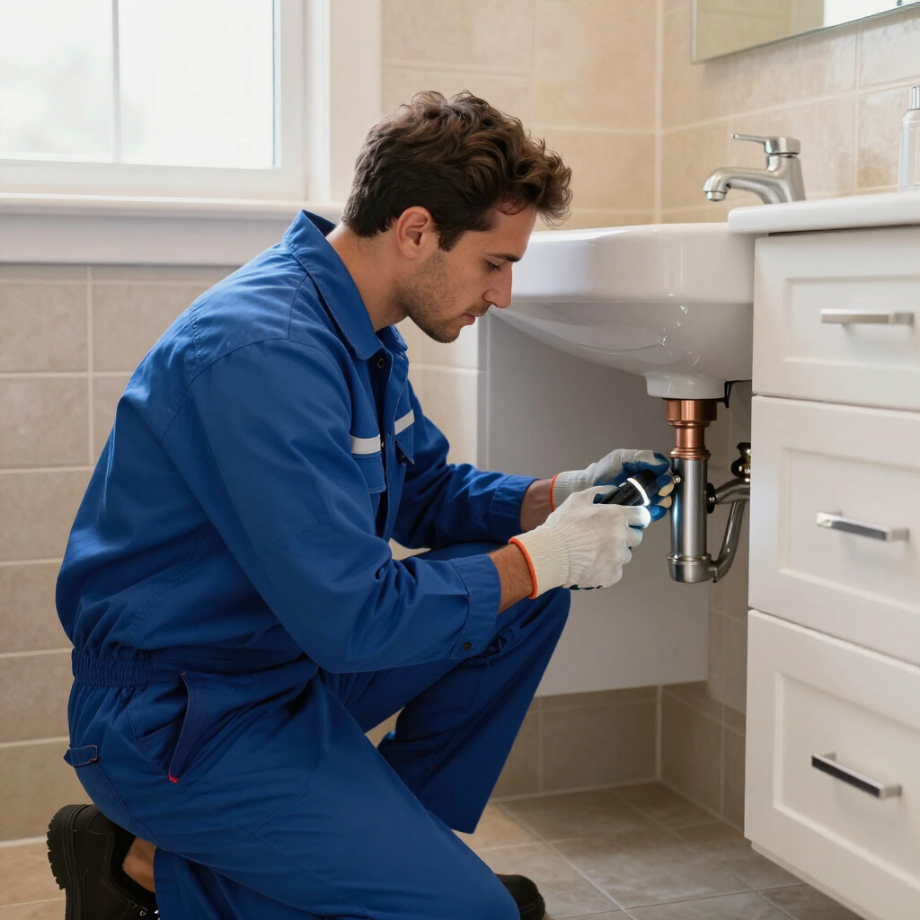 Professional plumber working on residential pipes in Calvert County, Maryland.