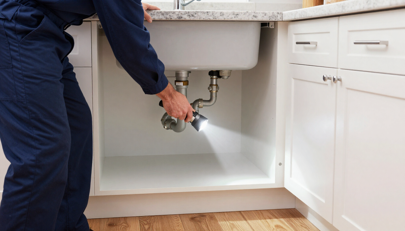 Professional plumber inspecting pipes