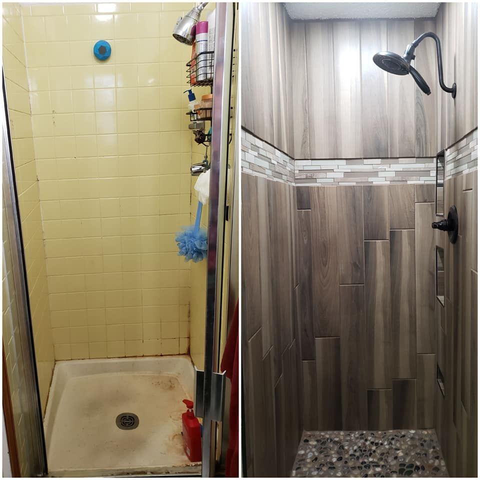 Before and after of a shower renovation: yellow-tiled stall replaced with a modern wood-look tile walk-in shower.