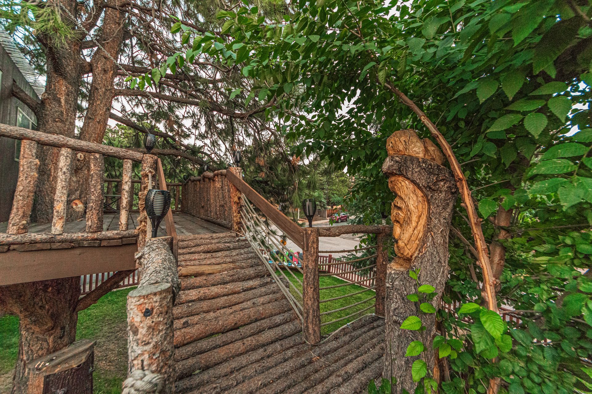 A wooden staircase leads to a deck in a lush, green forest, featuring a carved wooden face on a nearby tree trunk.