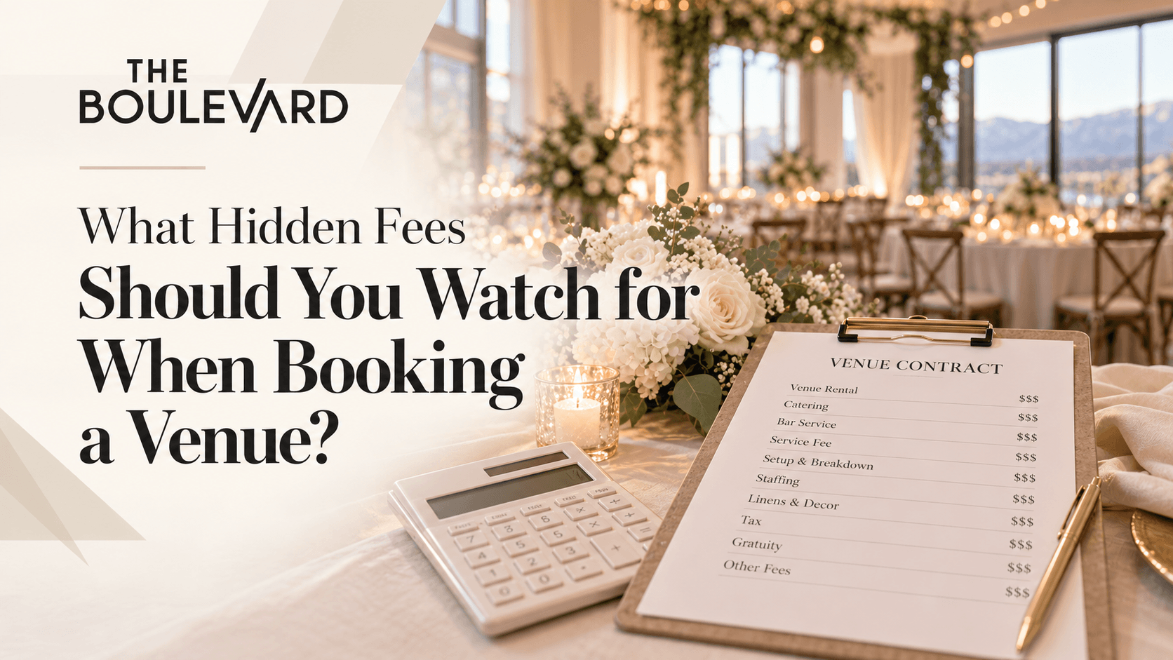 Elegant venue table setting with clipboards and text: “What hidden fees should you watch for when booking a venue?”