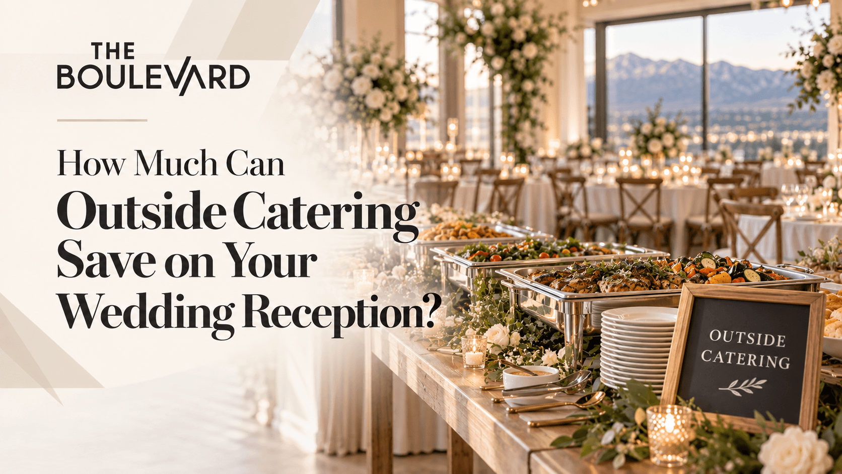 Elegant outdoor wedding reception table with flowers, candles, and “Outdoor Catering Cuisine” sign by windows and mountains