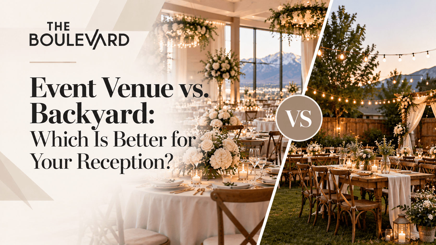 Wedding venue comparison graphic: “Event Venue vs. Backyard” with elegant reception tables and a “VS” badge.