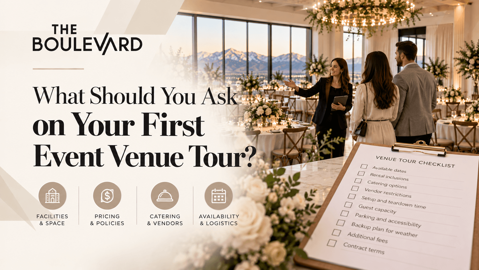 Promotional flyer for The Boulevard: “What Should You Ask on Your First Event Venue Tour?” with venue photo and checklist.