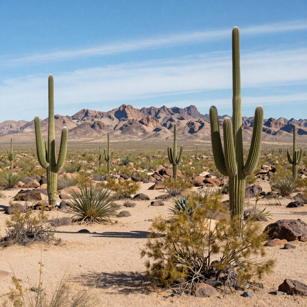 Desert landscape with saguaro cacti, sandy ground, and rugged mountains under a clear blue sky